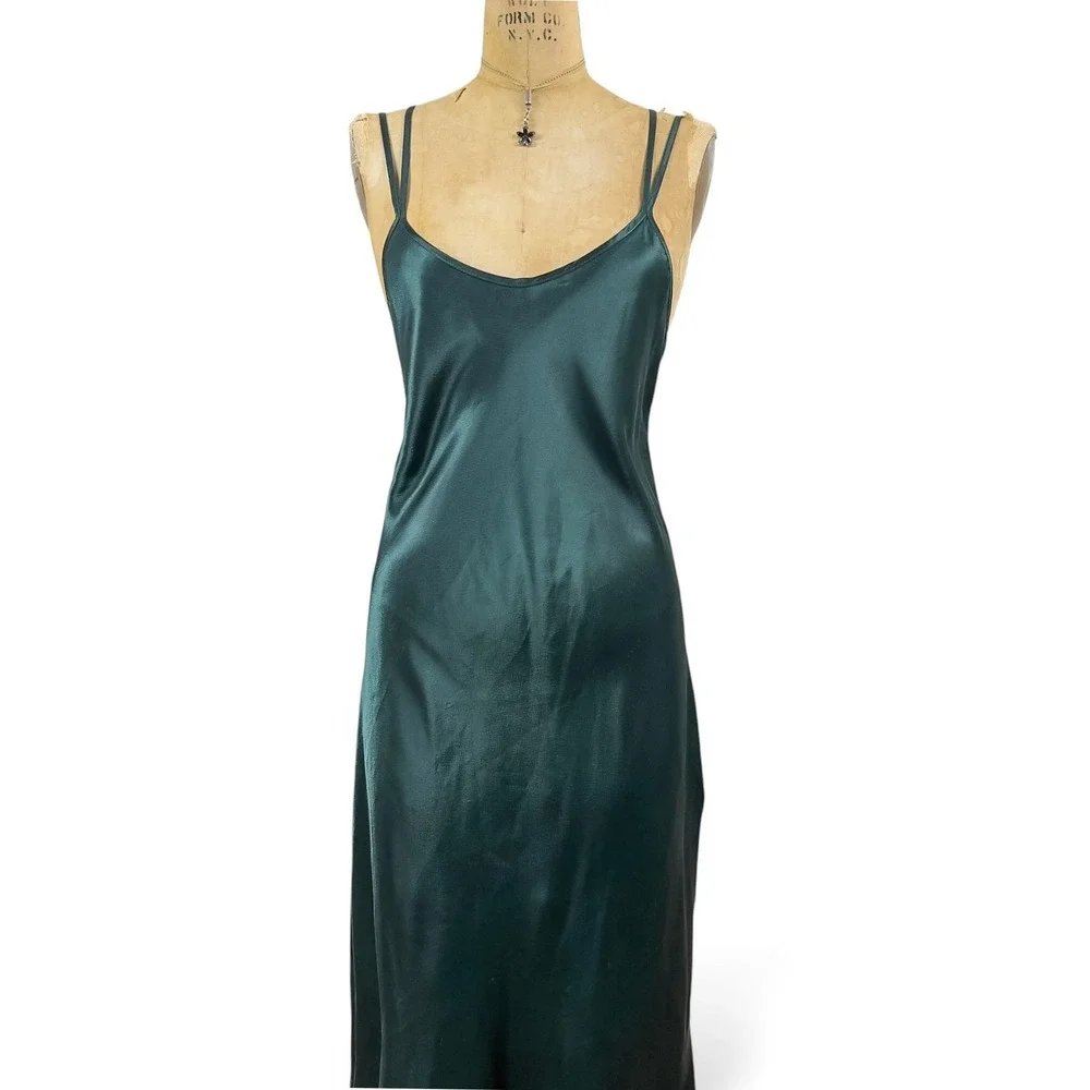 90's Emerald Maxi Slip Dress Strappy Low Back Glam Evening Matallic Size M - Picture 2 of 14